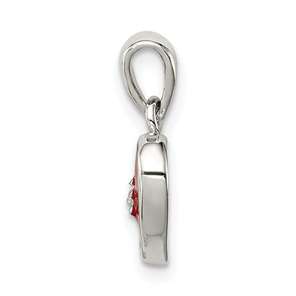 Sterling Silver Rhodium Plated Red Enamel With Cz Heart Pendant