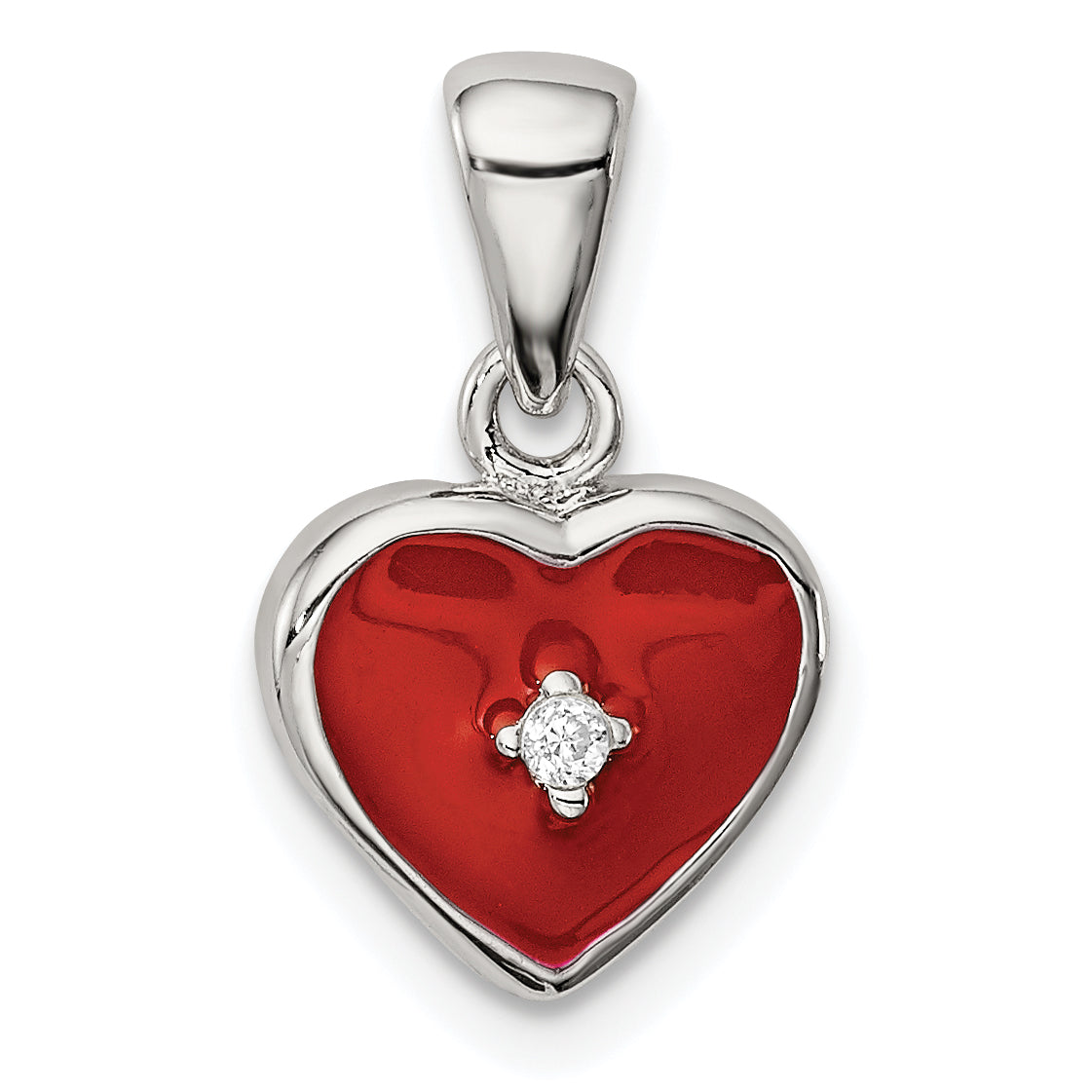 Sterling Silver Rhodium Plated Red Enamel With Cz Heart Pendant