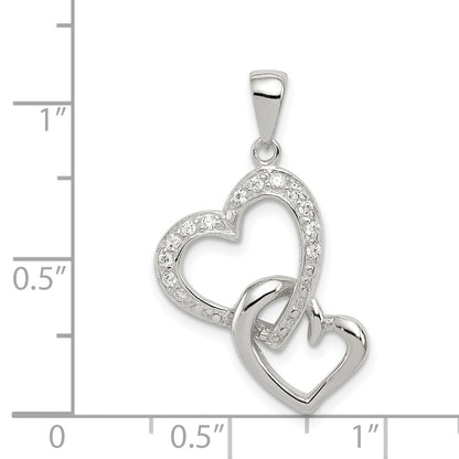 Sterling Silver Rhodium-Plated Polished Heart And Cz Double Interconnected Pendant