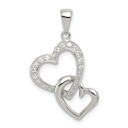 Sterling Silver Rhodium-Plated Polished Heart And Cz Double Interconnected Pendant