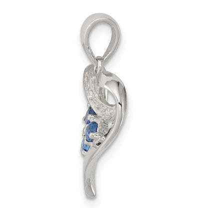 Sterling Silver Rhodium-Plated Blue Glass And Clear Cz Heart Pendant