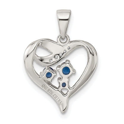 Sterling Silver Rhodium-Plated Blue Glass And Clear Cz Heart Pendant