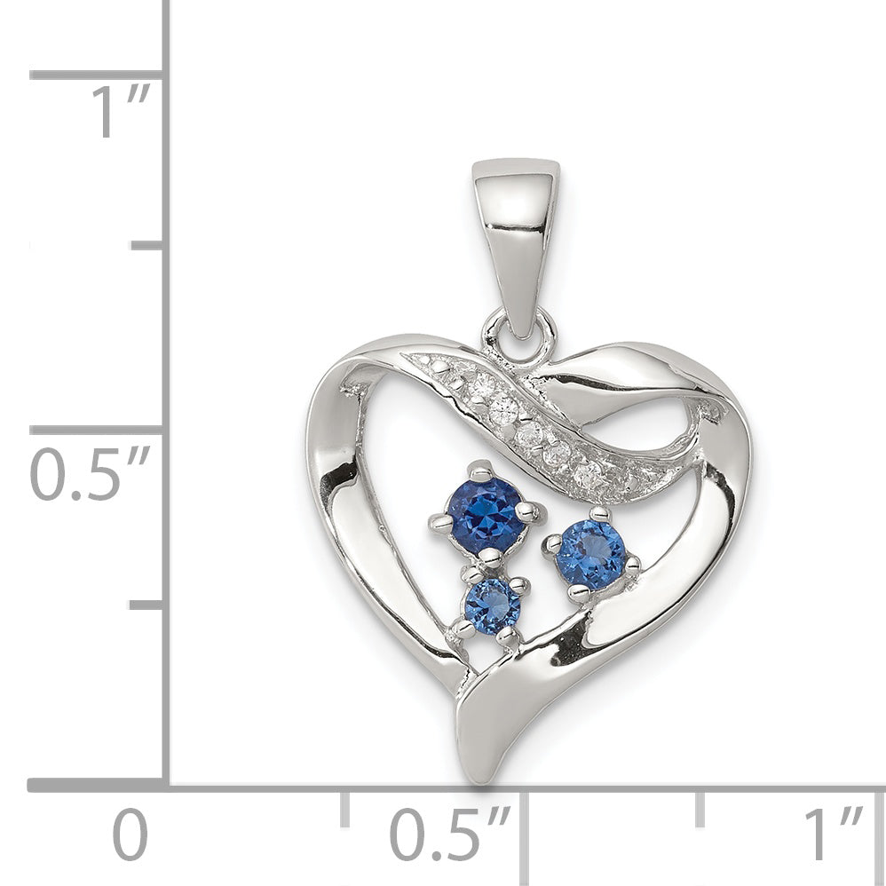 Sterling Silver Rhodium-Plated Blue Glass And Clear Cz Heart Pendant