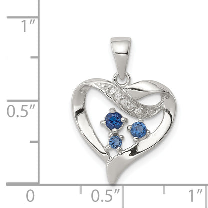 Sterling Silver Rhodium-Plated Blue Glass And Clear Cz Heart Pendant