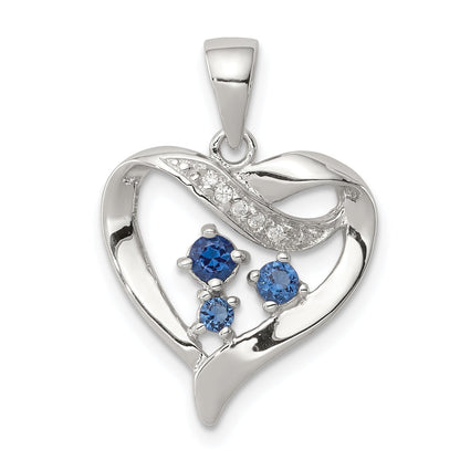 Sterling Silver Rhodium-Plated Blue Glass And Clear Cz Heart Pendant