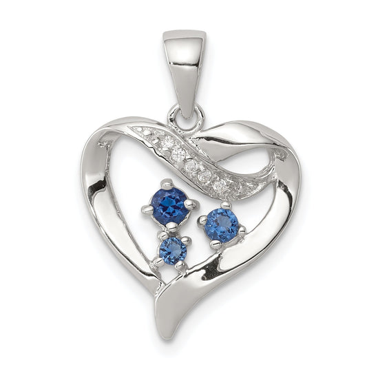 Sterling Silver Rhodium-Plated Blue Glass And Clear Cz Heart Pendant
