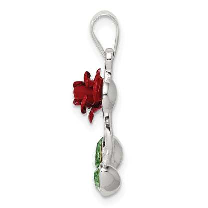 Sterling Silver Red Enamel W/Green Cz Rose Charm