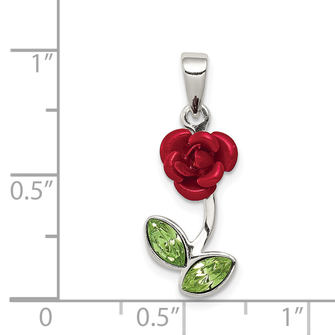 Sterling Silver Red Enamel W/Green Cz Rose Charm