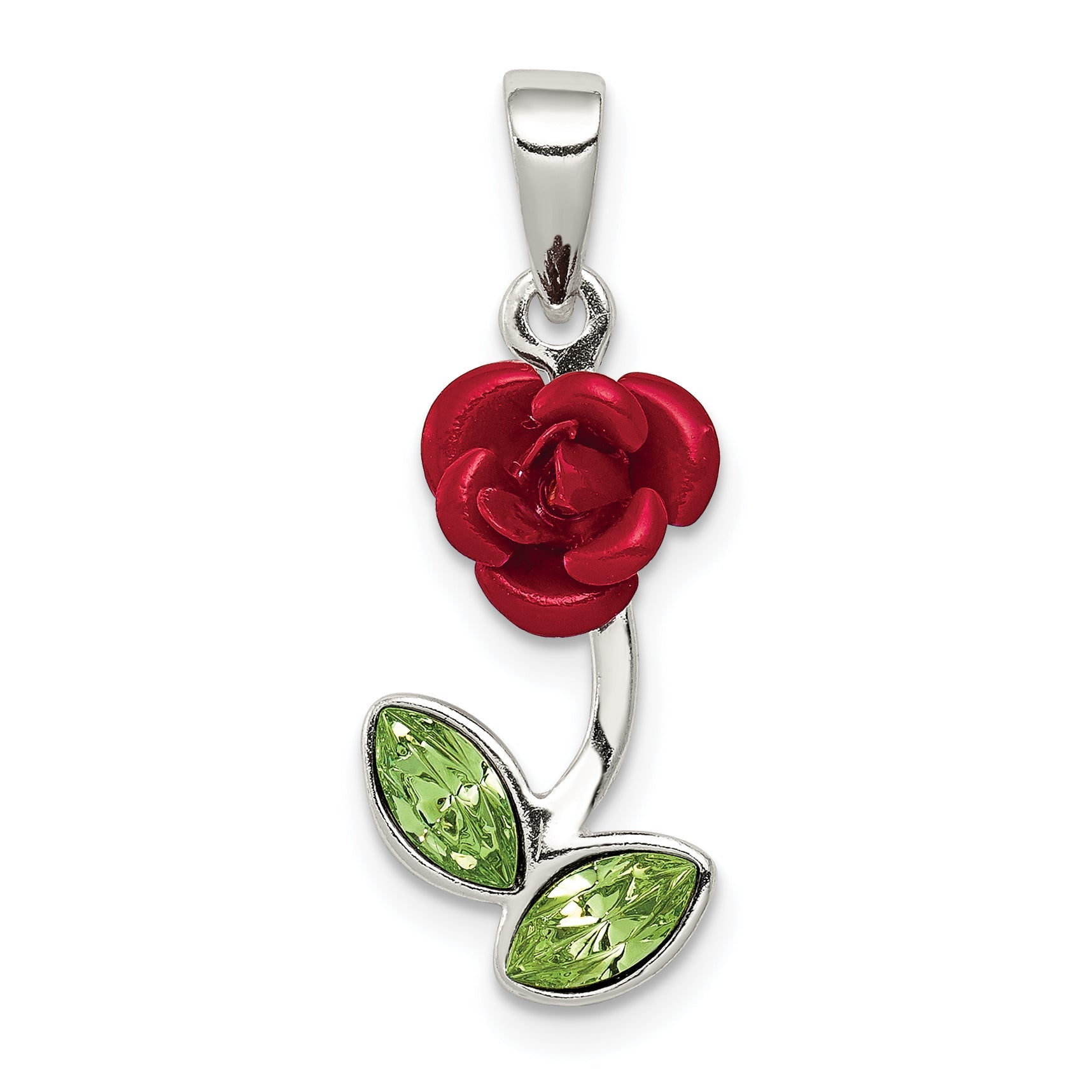 Sterling Silver Red Enamel W/Green Cz Rose Charm