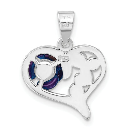 Sterling Silver Polished Enameled & Blue Cz Rose Heart Pendant