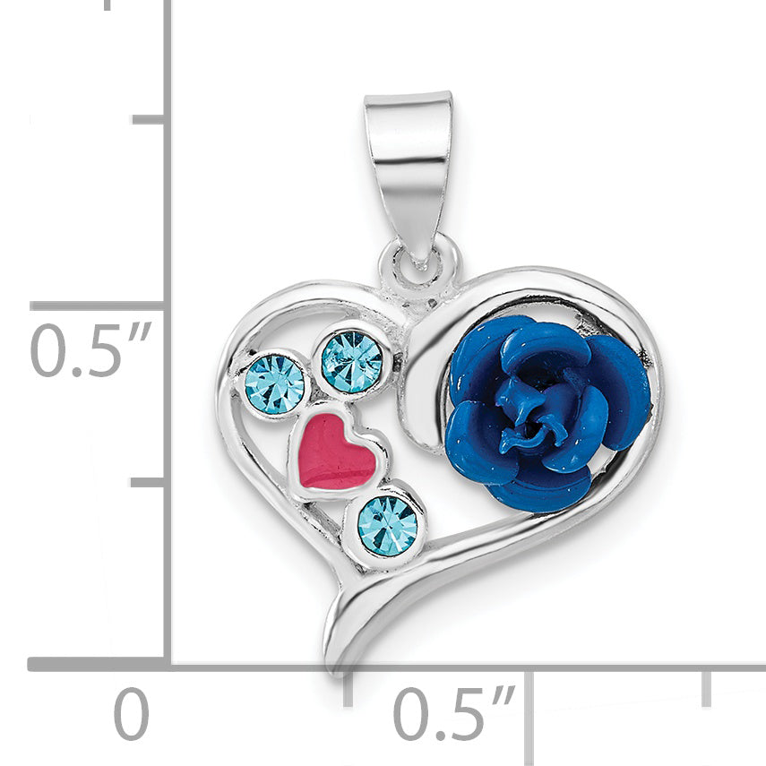 Sterling Silver Polished Enameled & Blue Cz Rose Heart Pendant