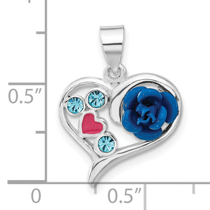 Sterling Silver Polished Enameled & Blue Cz Rose Heart Pendant