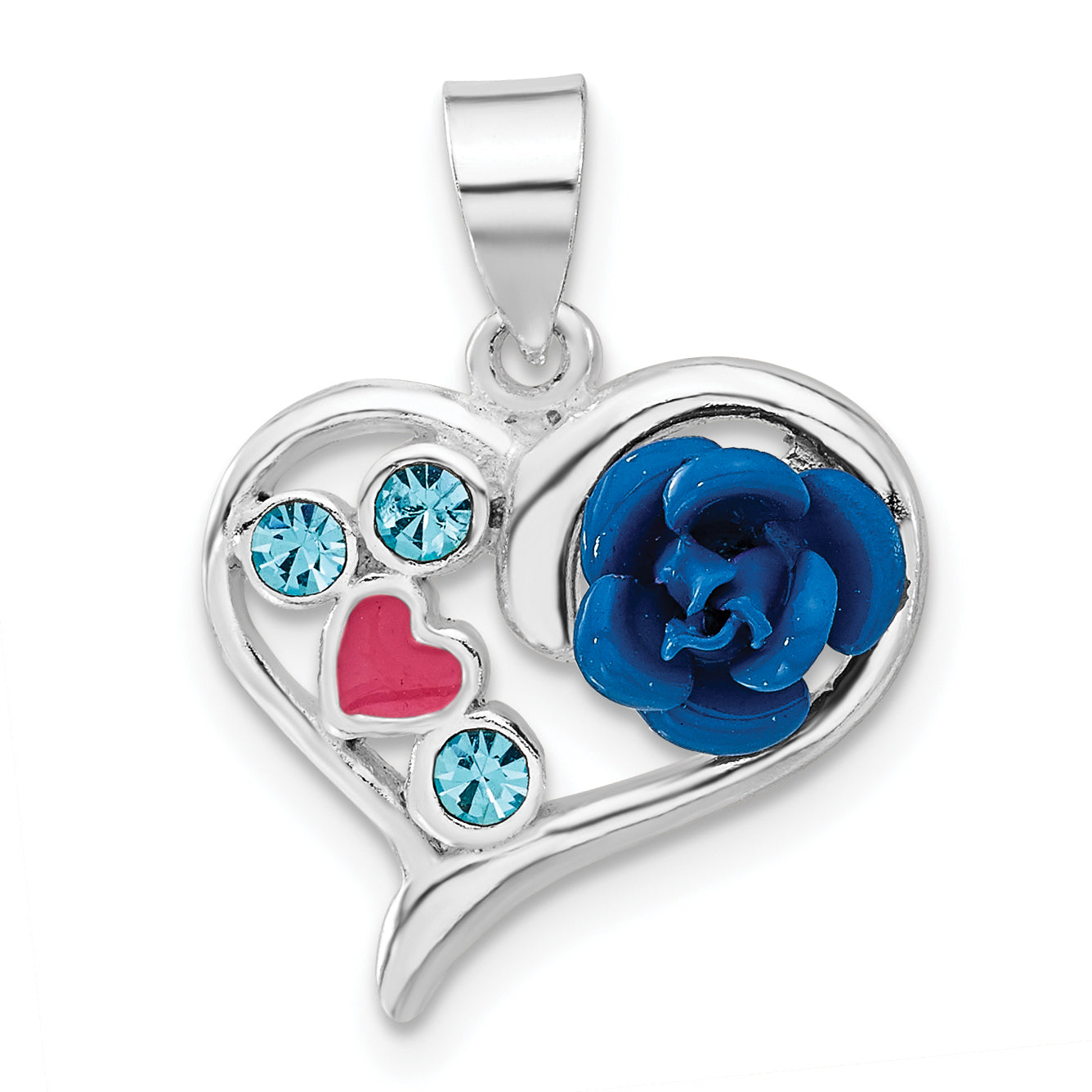 Sterling Silver Polished Enameled & Blue Cz Rose Heart Pendant