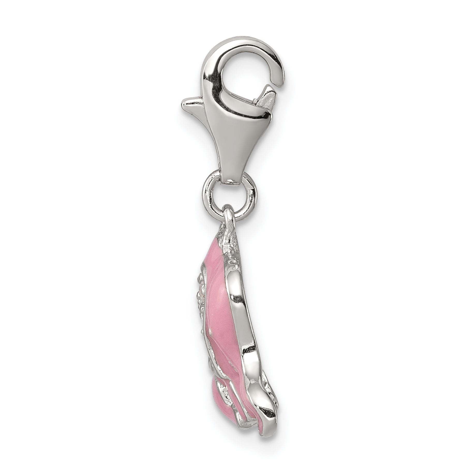 Sterling Silver Rhodium-Plated Pink Enameled Cz Elephant Charm