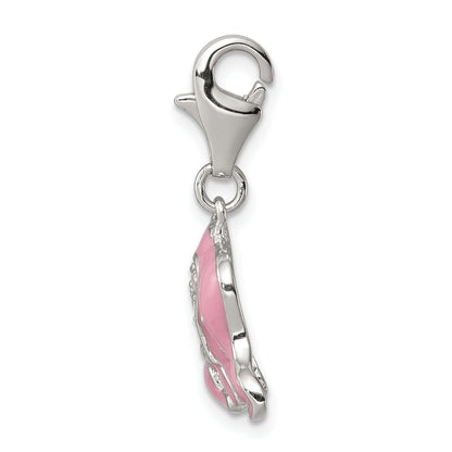 Sterling Silver Rhodium-Plated Pink Enameled Cz Elephant Charm