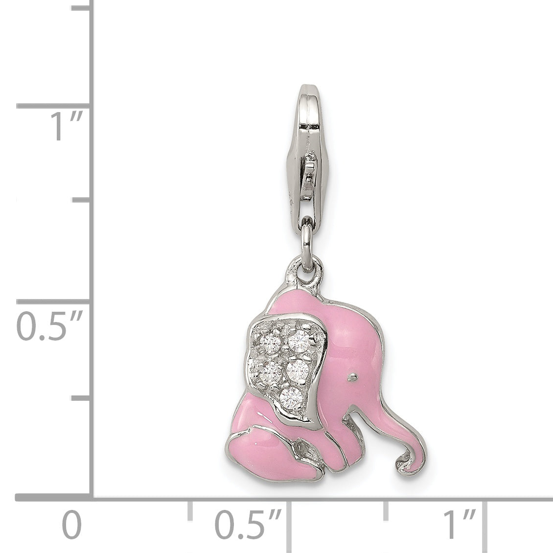 Sterling Silver Rhodium-Plated Pink Enameled Cz Elephant Charm