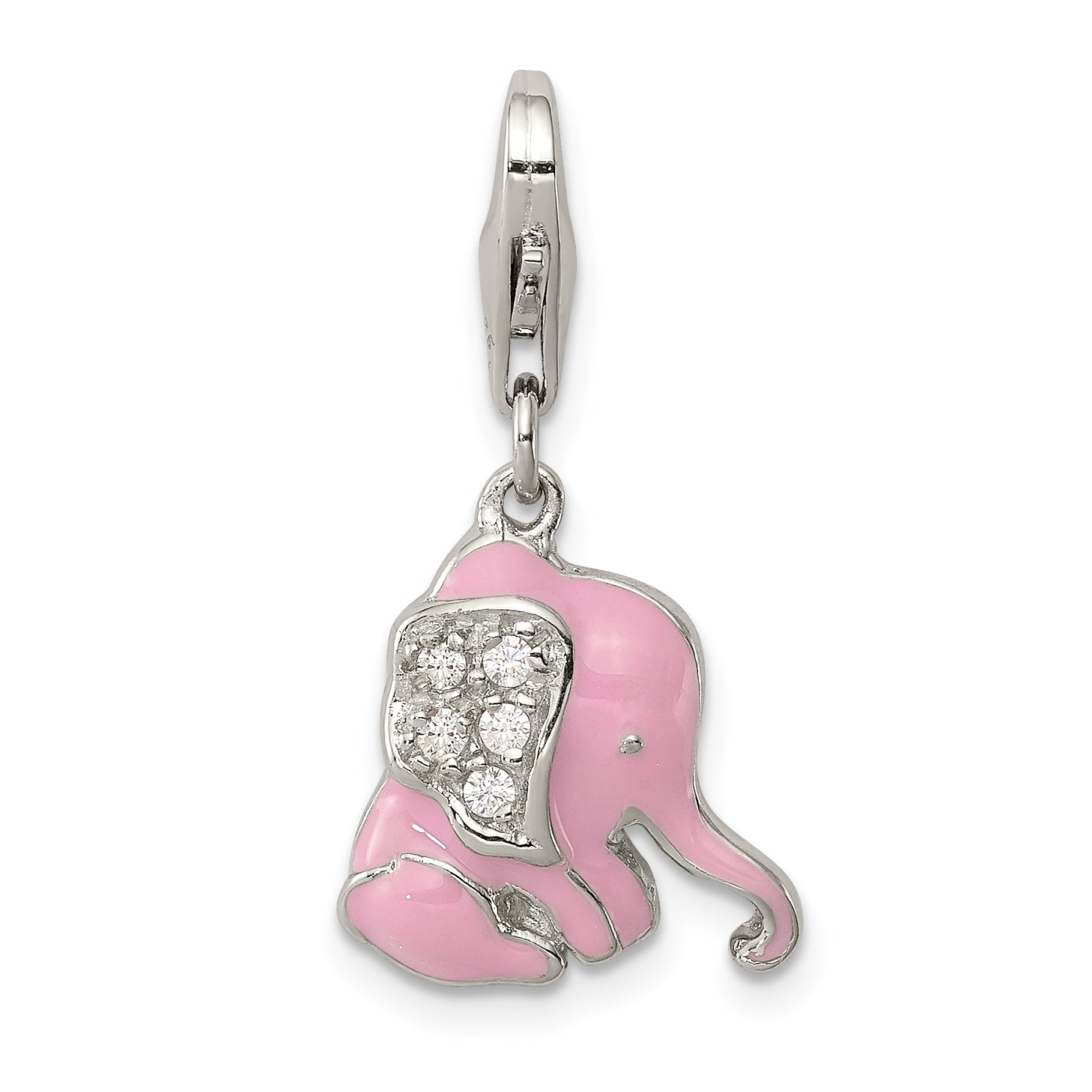 Sterling Silver Rhodium-Plated Pink Enameled Cz Elephant Charm