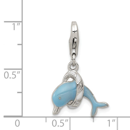 Sterling Silver Rhodium-Plated Enameled Dolphin With Lobster Clasp Charm