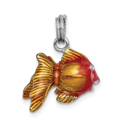 Sterling Silver Rhodium-Platedenamel Goldfish Charm