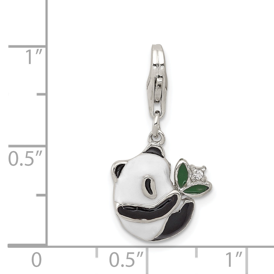 Sterling Silver Rhodium-Plated Cz Enamel Panda Charm With Lobster Clasp
