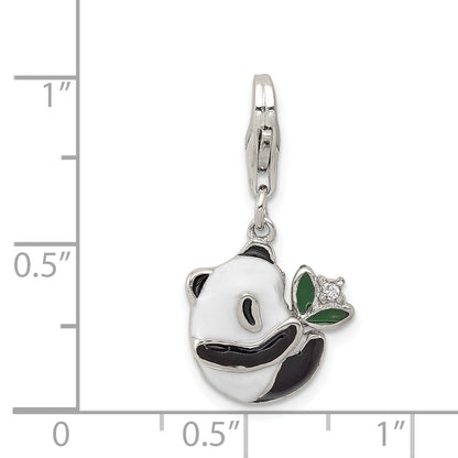 Sterling Silver Rhodium-Plated Cz Enamel Panda Charm With Lobster Clasp