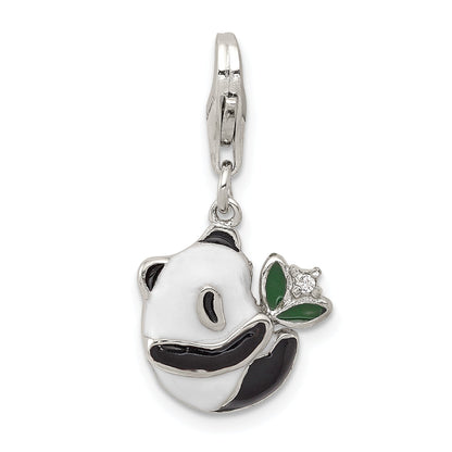 Sterling Silver Rhodium-Plated Cz Enamel Panda Charm With Lobster Clasp