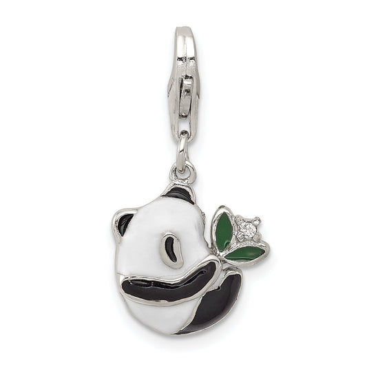 Sterling Silver Rhodium-Plated Cz Enamel Panda Charm With Lobster Clasp