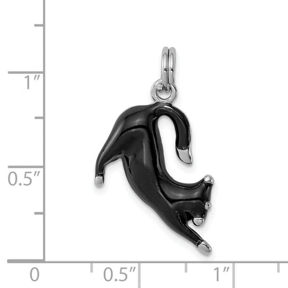 Sterling Silver Rhodium-Platedblack Enamel Cat Charm