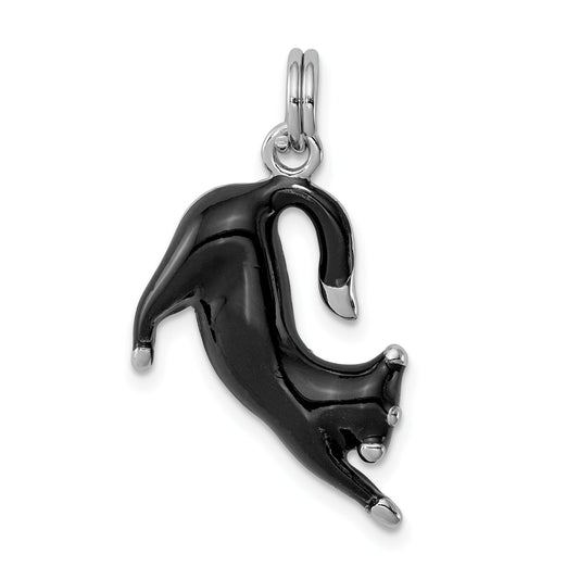 Sterling Silver Rhodium-Platedblack Enamel Cat Charm