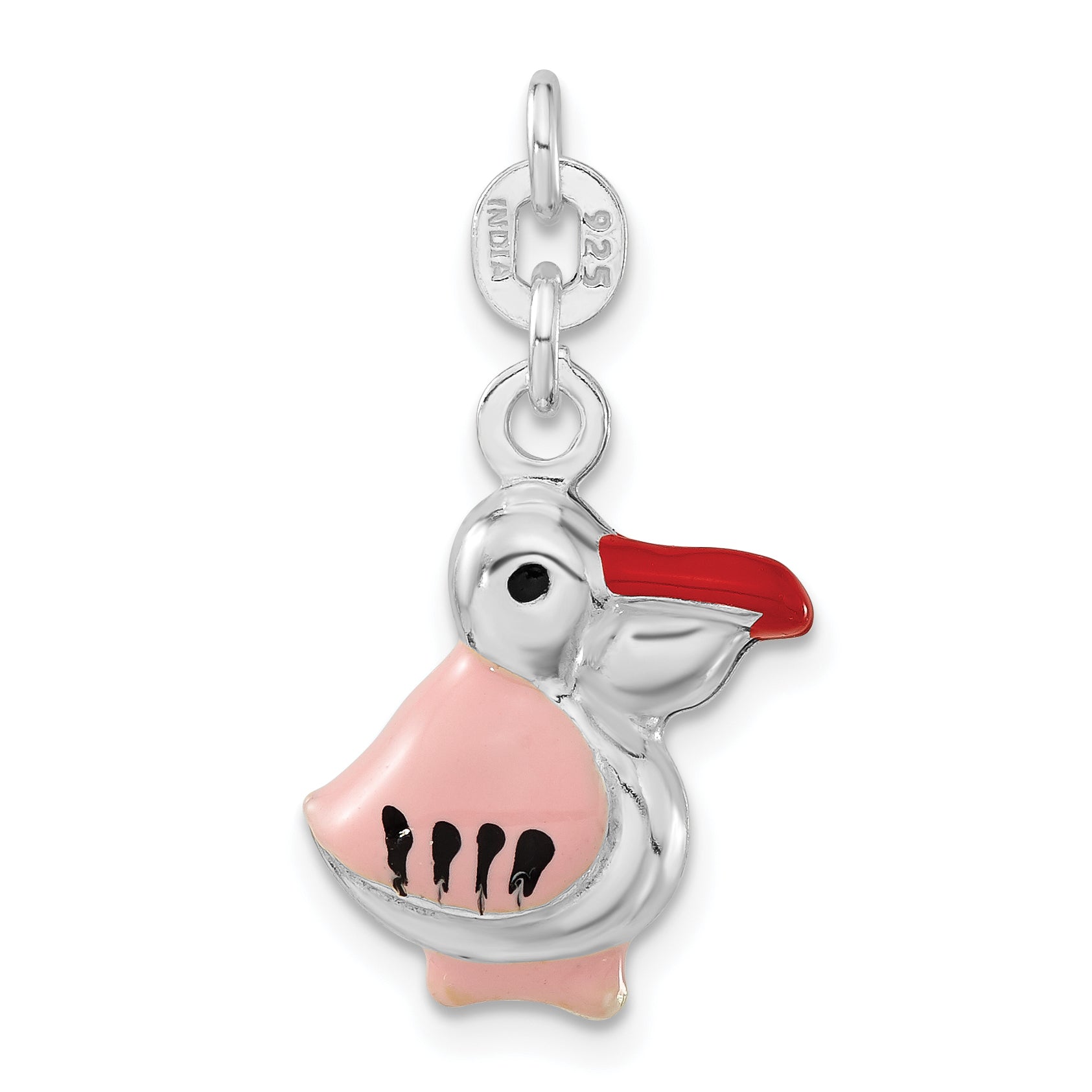 Sterling Silver 3-D Polished Pink Red & Black Enameled Pelican Charm