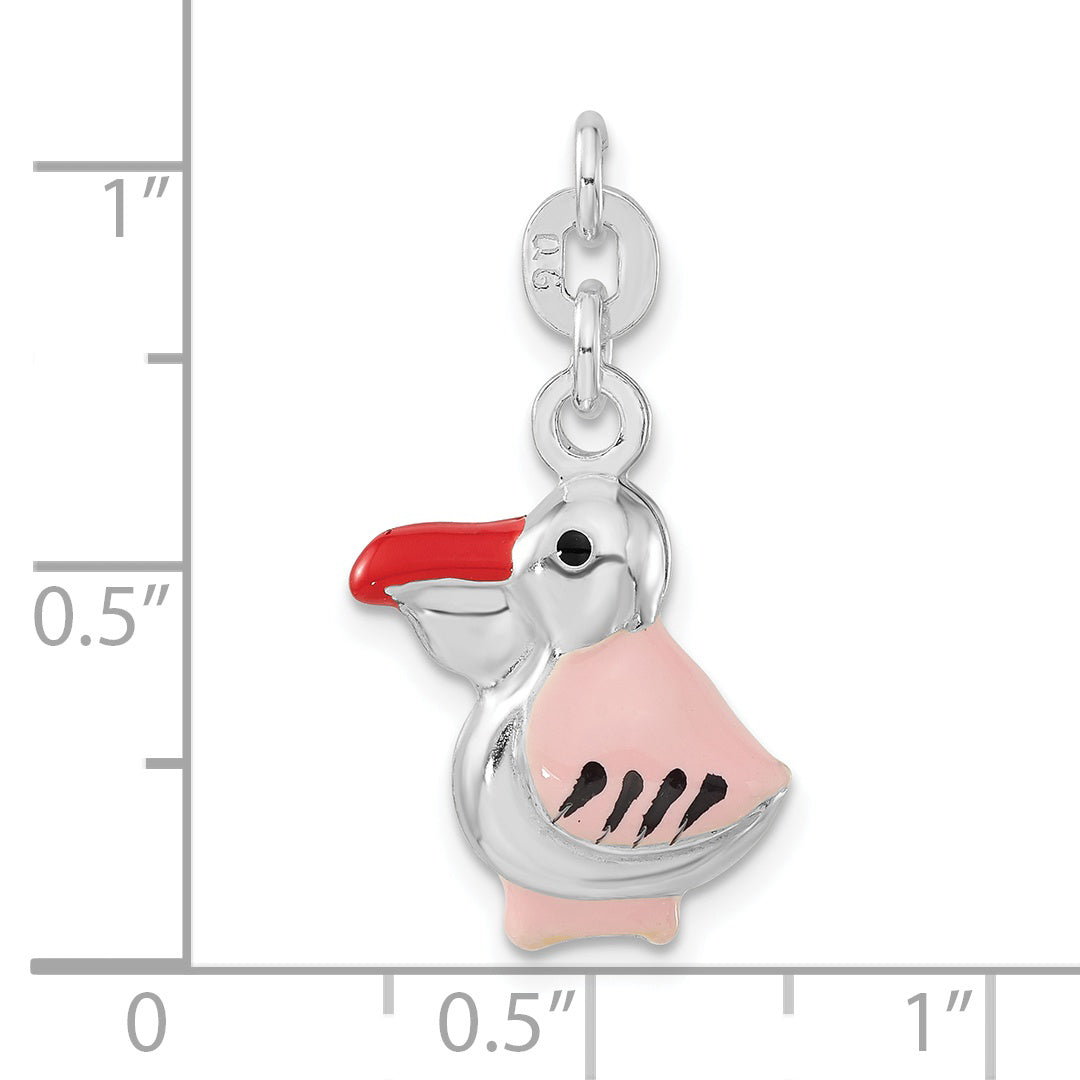 Sterling Silver 3-D Polished Pink Red & Black Enameled Pelican Charm