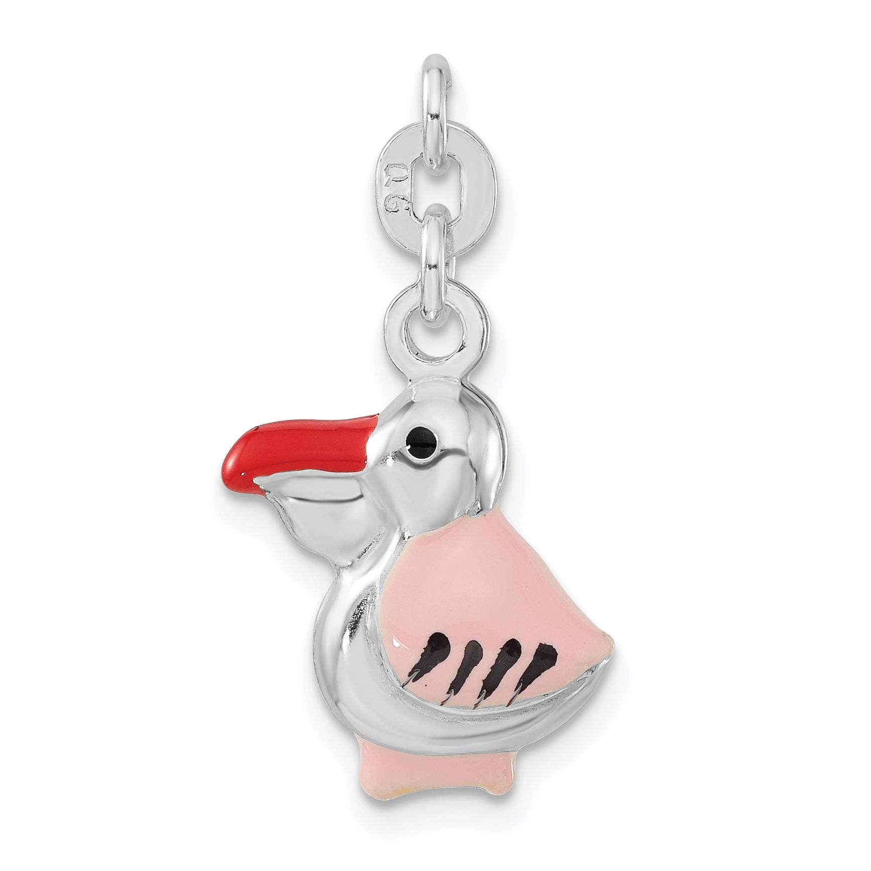 Sterling Silver 3-D Polished Pink Red & Black Enameled Pelican Charm