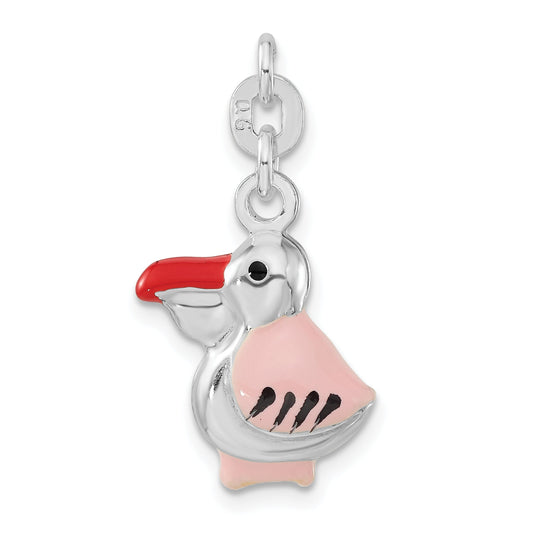 Sterling Silver 3-D Polished Pink Red & Black Enameled Pelican Charm