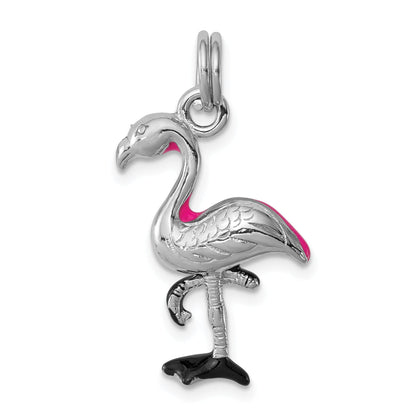 Sterling Silver Rhodium-Plated Hot Pink & Black Enameled Flamingo Charm