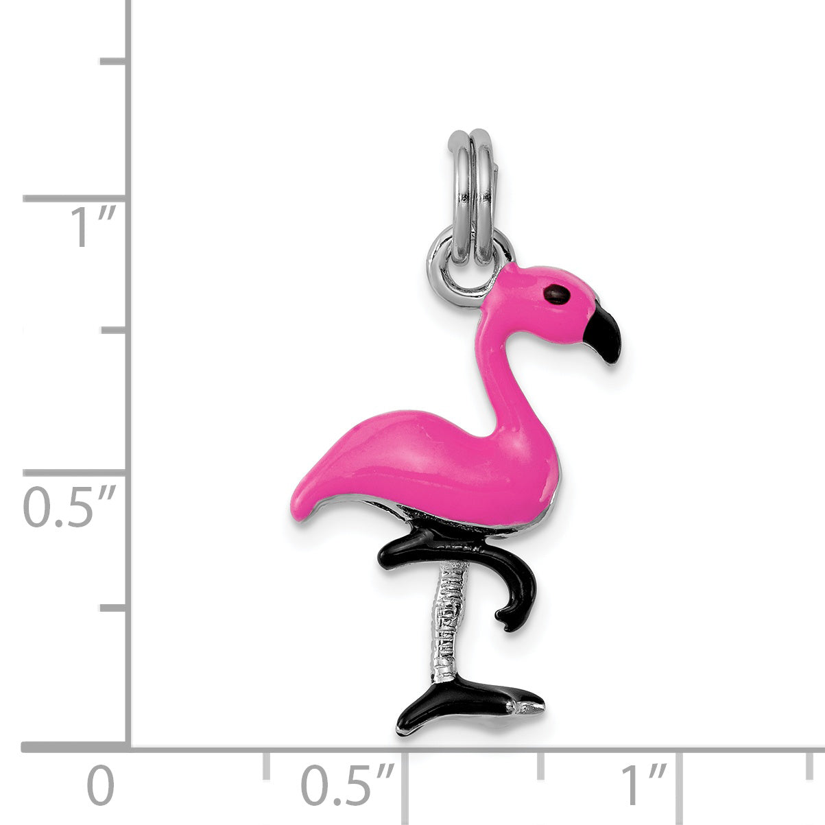 Sterling Silver Rhodium-Plated Hot Pink & Black Enameled Flamingo Charm