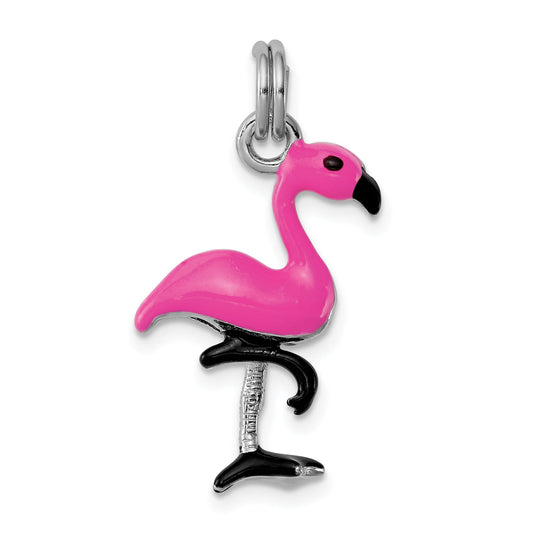 Sterling Silver Rhodium-Plated Hot Pink & Black Enameled Flamingo Charm