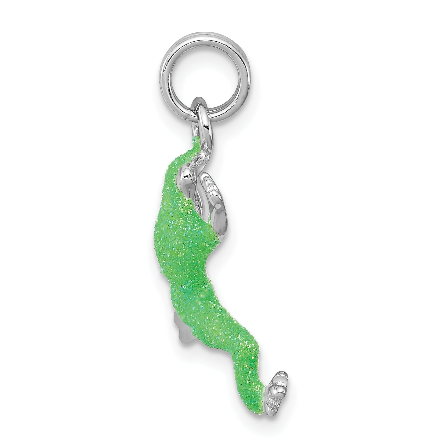 Sterling Silver Rhodium-Platedgreen Enamel Frog Charm