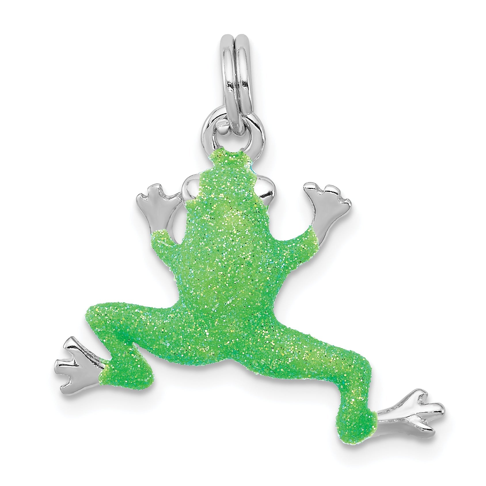 Sterling Silver Rhodium-Platedgreen Enamel Frog Charm