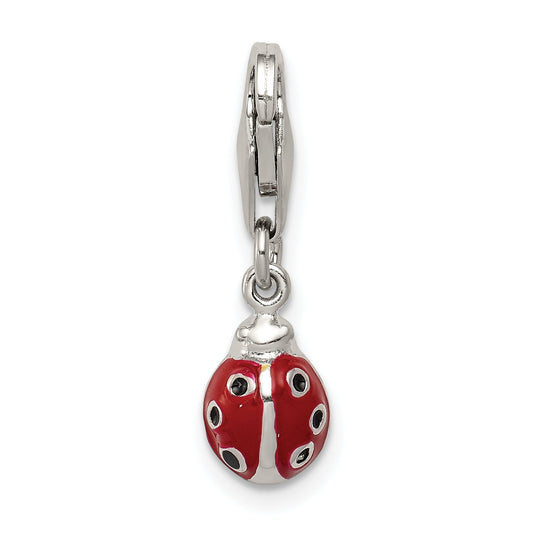 Sterling Silver Rhodium-Plated Red Enameled Ladybug Charm