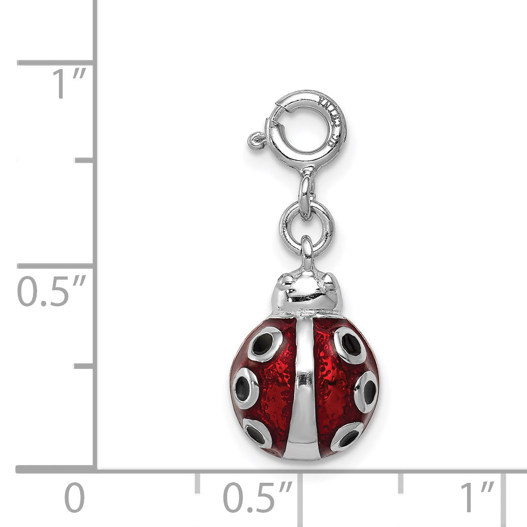 Sterling Silver Rhodium-Plated Red And Black Enameled Lady Bug Charm