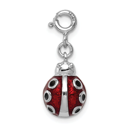 Sterling Silver Rhodium-Plated Red And Black Enameled Lady Bug Charm