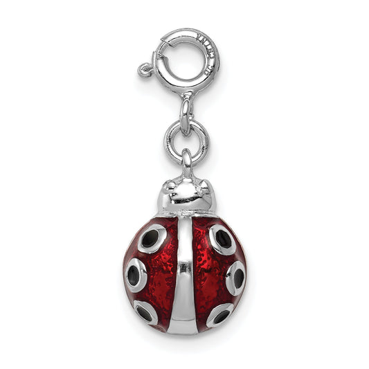 Sterling Silver Rhodium-Plated Red And Black Enameled Lady Bug Charm