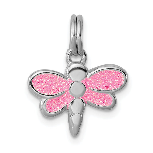 Sterling Silver Rhodium-Platedglitter Enamel Dragonfly Charm