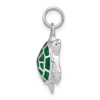 Sterling Silver Rhodium-Plated Green Enamel Polished Turtle Charm