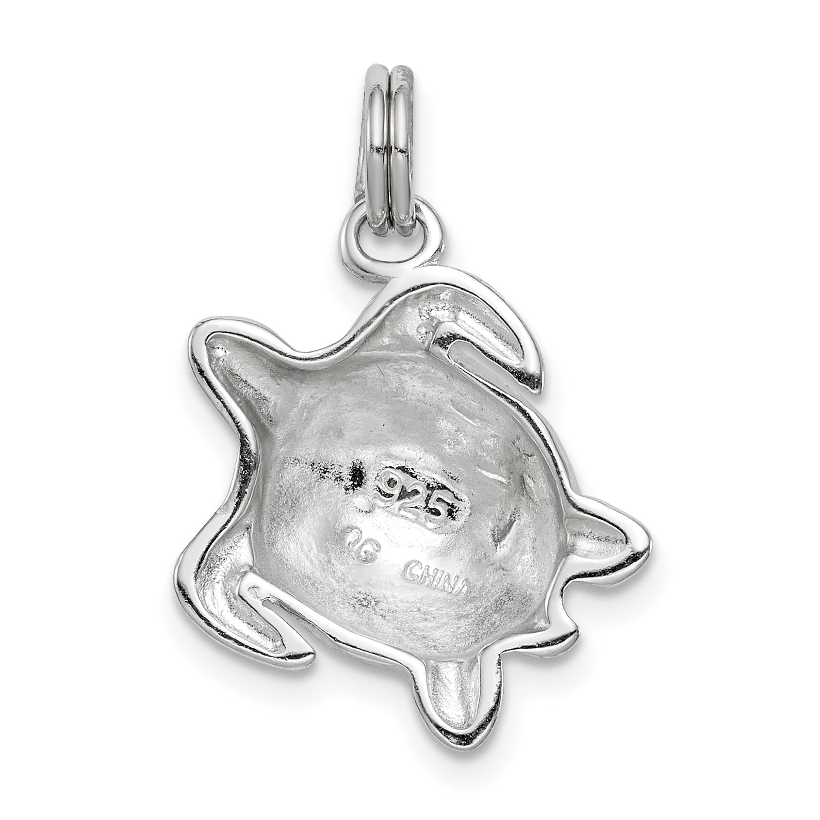 Sterling Silver Rhodium-Plated Green Enamel Polished Turtle Charm