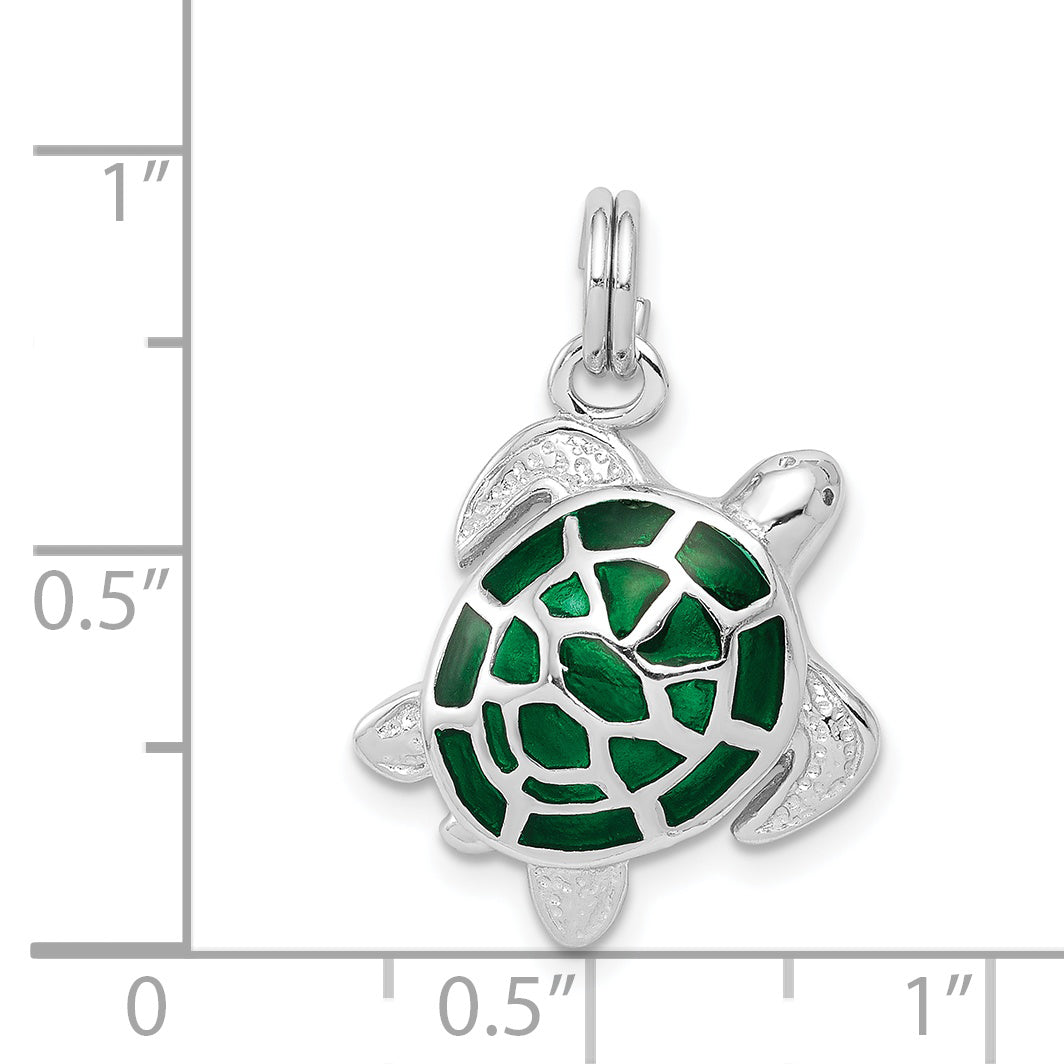 Sterling Silver Rhodium-Plated Green Enamel Polished Turtle Charm
