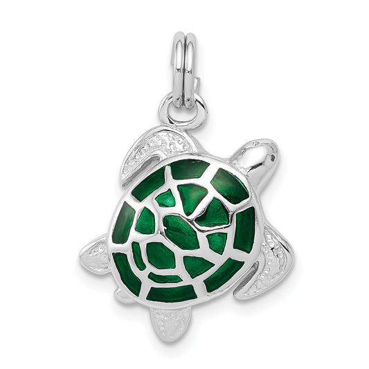 Sterling Silver Rhodium-Plated Green Enamel Polished Turtle Charm