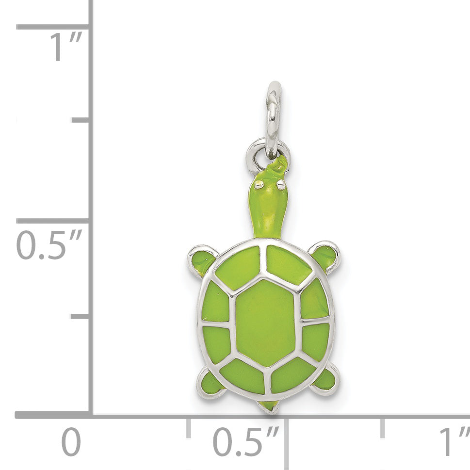 Sterling Silver Rhodium-Plated Green Enameled Turtle Pendant