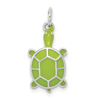 Sterling Silver Rhodium-Plated Green Enameled Turtle Pendant