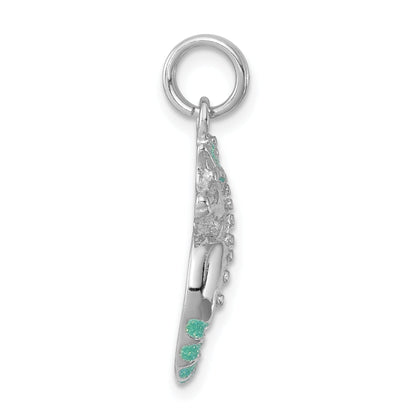 Sterling Silver Rhodium-Plated Green Glitter Enamel Seahorse Charm